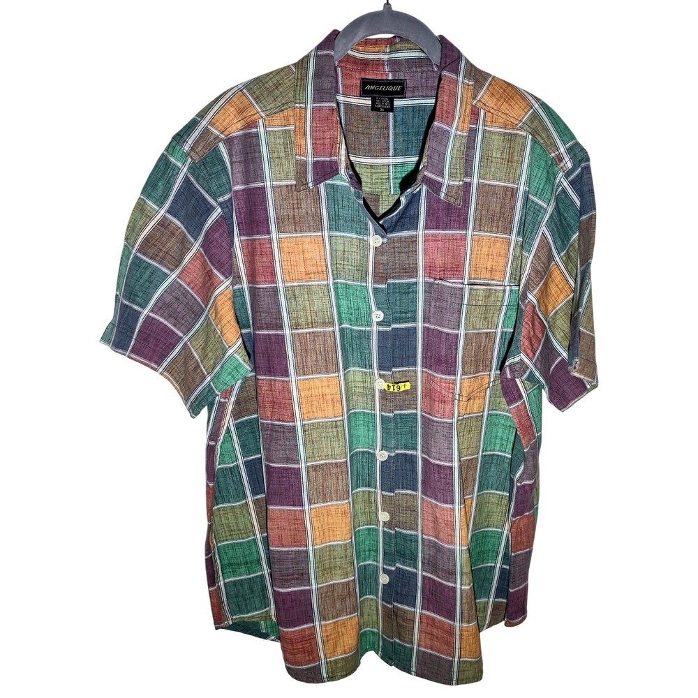 ANGELIQUE Mens Plaid Short Sleeve Button‎ Up Shirt 2X Cotton